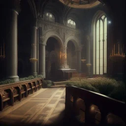 on old church interior full with people, scary, steam punk, realistic, made in octane, cinematic, ultra-realistic, extremely detailed octane rendering, 8K, VRAY Super Real ar 2:3, dof photorealistic futuristic 50mm lens hard lighting dark gray tintype photograph, realistic lighting, sepia color