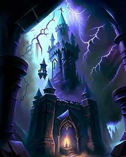 lightning dungeon chamber with castle towers fantasy rpg art painterly