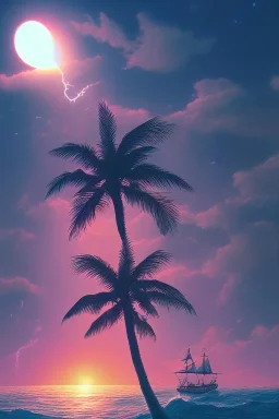 1980's vaporwave aesthetic palm trees with lightning with solar eclipse in the ocean waves sunset