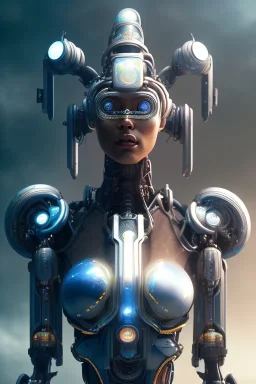 portrait,beautiful african robot, post-apocalyptic in a cyberpunk city, realistic, intriacte detail, sci-fi fantasy style, volumetric lighting, particales,highly detailed,cinamatic, deep colours,8k