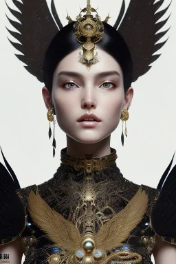 Detailed cosmic horror creature with wings, hair buns, bangs,bodysuit, intricate details, full body portrait, keep head in frame, slight smile, black Japanese motif, concept art, highly detailed, digital painting, concept art, sharp focus, illustration, art by Yoji Shinkawa, WLOP and greg rutkowski and alphonse mucha and artgerm and yanjun Chen and Junji ito and Makoto Shinkai, HDR, octane render