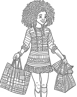 African -American shopping girl coloring page, full body (((((white background))))), only use an outline., real style, line art, white color, clean line art, white background, Sketch style