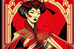 Stylized Asian aristocrat, In the style of Tarot and Art Deco, Red colours