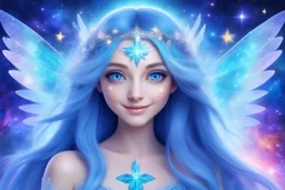 A beauty Fairy women with long blue straight hair, with a beautiful face, and Blue big eyes. She has Crystal wings and sweety elegant smile.She Is a magic sacred dancer in cosmica ceremony..the background Is a magic coloured bright galaxy, with a stars. She Is so fine gentle and with grace