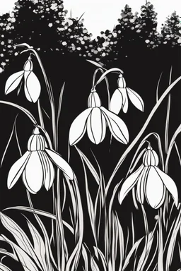 outline art of snowdrops only black and white, no colour , White background. sketch style, clean line art, white background, no shadow and clear, no people, no colour, for book