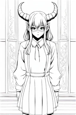 girl with demon mask in the middle of the room, line arts, manga style