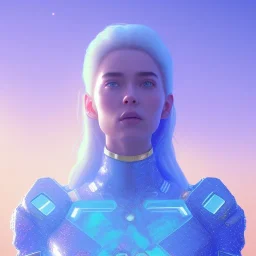 A portrait of a crystalised blue pink extraterrestrial, gold, sunny background, atmospheric, realistic, unreal engine, 8k. Cinematic lighting, octane render.