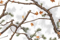 detailed Real Tree Camouflage made of bare branches, fir branches, dried maple leaves, snow and dirt, light drop shadows, white background, seamless repeatable texture camo pattern, muted color