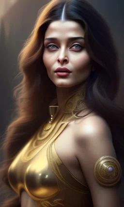 aishwarya rai hot , beautiful, long hair, wavy hair, curly hair، black eyes, head and shoulders portrait, cinematic, 8k, resolution concept art portrait by Greg Rutkowski, Artgerm, WLOP, Alphonse Mucha dynamic lighting hyperdetailed intricately detailed,jewelry ,golden hour,snake goddess