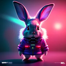 pixar style anamorphic cute cyberpunk rabbit baby, smiling, full body, magenta puffer jacket, manila city backdrop, hyper realistic, unreal engine 5, 16k