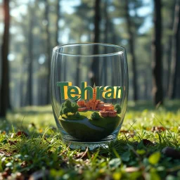 Create hyper-realistic photo of a glass tumbler in a wild forest. Inside, a miniature [Tehran] with landmarks. A trasparrent 3D text of [Tehran] blends naturally into the landscape . Soft bright daylight, reflections, and subtle imperfections like fingerprints. DSLR quality, sharp focus.