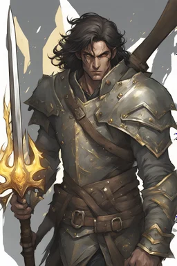 Male warrior, tall, muscula, scars on face, silver rogue armor. Light brown skin, Yellow amber eyes. Black messy medium length hair. Carrying sword behind. Handsome wood elf. Elf. Sharp features.