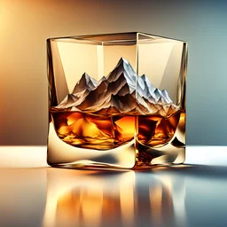 big ice cube shaped like a extremely low poly mountain floating in glass filled with whisky, photorealistic, strong bokeh