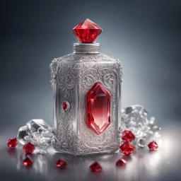 Silver rectangular perfume bottle with red crystal cap and small silver decorations. Illustrative art, art interpretation, concept art, cgsociety contest winner, seasonal art, seasonal art HD, 4k, 8k, intricate, detailed, intricately detailed, luminous, translucent fantasy crystal, holographic data, soft body, shadow play, light, fog, atmospheric, cinematic, light film, hyper-detailed, hyper-realistic, masterpiece, atmospheric, high resolution, 8k, HDR, 500px, mysterious and artistic digital art