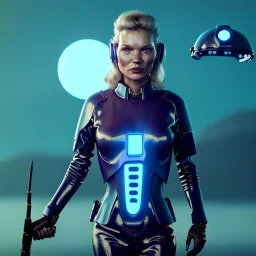 Ultra Realistic retro sci-fi movie war scene, waist up view portrait, blonde Jedi woman pointing a gun, sweet Kate moss face, perfect iris, glow eyes, makeup, weapon. Drones background, Retro sci-fi style, helmet, tight latex coat, fog, rain, soft color, highly detailed, unreal engine 5, ray tracing, RTX, lumen lighting, ultra detail, volumetric lighting, 3d, finely drawn, high definition, high resolution.