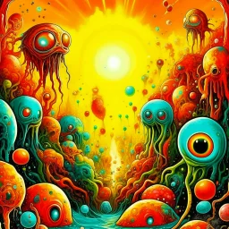 a high definition screen shot of a ancient comic book cover detailing the creatures found on other worlds, retrofuturistic, phototrealism, Macabre Rapture End of days Revelation scene, isanely detailed matte oil painting, sinner apotheosis,diagonal composition, unbalanced, abstract surreal horror, eerie, scary warm a colorful splash of steampunk bubbles , amazing splashscreen artwork, photoshop water art, liquid painting, swirling paint colors, ink splash, physics splashes of colors, colorful sw