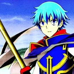 fire emblem, anime, screenshot, ova, 90s anime, marth, boy, blue hair, prince, sword, fantasy setting, fire emblem marth, fullbody, with background