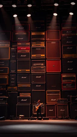 A stage filled with a huge guitar amplifiers from top to bottom as a backdrop , a small guitar player in the nibble a long distance shot
