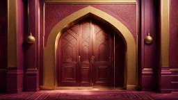 Hyper Realistic Photographic-View Of A Fancy Door Of A Maroon-Mosque-Door-with-beautifully-detailed-glowing-golden-Islamic-Architctural-design showing dramatic & cinematic ambiance.