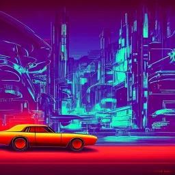 art deco, cyberpunk, neon muscle car, desert road, sunset, full colour, hd,