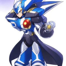 A sleek robotic warrior blending MegaMan Zero. The design features Zero's RED color scheme, with gold accents on shoulders, chest, and gauntlets, plus white highlights on the limbs. The aerodynamic body combines Neo Metal Sonic's sharp, angular edges with Zero's humanoid proportions. A glowing green plasma saber is held in one hand, while an energy cannon adorns the other. The helmet merges Zero’s crest and gem centerpiece with Neo Metal Sonic's spiked crown.