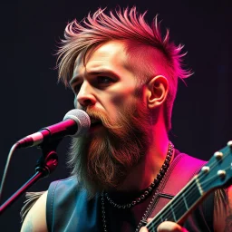 short haired bearded rockstar human bard 80s fantasy