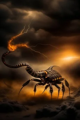 Scorpion surrounded by fire. Tail curled up behind his back ready to strike under a storming sky with lightening