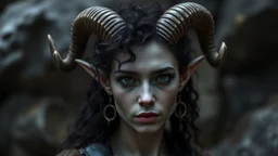 Grey skinned tiefling woman black curly hair goat horns