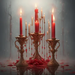 Red candles on a three-armed gold candlestick, dripping wax. Illustrative art, art interpretation, concept art, cgsociety contest winner, seasonal art, seasonal art HD, 4k, 8k, intricate, detailed, intricately detailed, luminous, translucent fantasy crystal, holographic data, soft body, shadow play, light, fog, atmospheric, cinematic, light film, hyper-detailed, hyper-realistic, masterpiece, atmospheric, high resolution, 8k, HDR, 500px, mysterious and artistic digital art, phototic, intricate, f