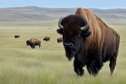 Bison walking towards viewer's right, on white background, fades out on the left