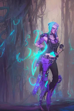 standing steampunk elf with blue hair in a neon dystopian forest