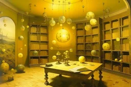 A light yellow psychic library with glowing orbs painted by Salvador Dali