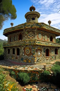 A brown palace on a mountain designed in ancient Greek mosaics painted by Max Ernst