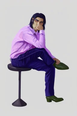 A guy with black hair, sitting on a chair, wearing a beautiful white shirt with pleats. in trousers with pleats