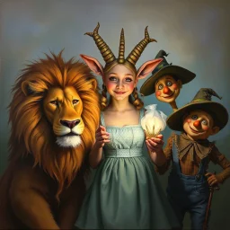 action painting, painterly oil painting, subdued lighting, of a Dorethee from the Wizard of Oz together with the lion and the scarecrow