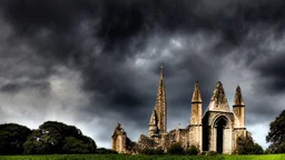 ancient cathedral against a darkening sky