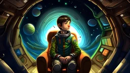 "Embark on an Extraterrestrial Odyssey: The Adventures of a Student-Clad Explorer Seated in a Spacecraft" Join the journey of a young man dressed in student attire as he sits on a chair inside a spacecraft hurtling through the cosmos. Describe the anticipation and excitement on his face as he gazes out into the vastness of space, the Earth shrinking in the distance. Explore the mix of emotions – curiosity, awe, and perhaps a hint of trepidation – as he prepares for an interstellar adventure bey