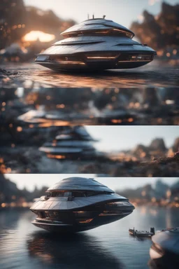 modular house boat that looks like an dark twisted alien space ship, bokeh like f/0.8, tilt-shift lens 8k, high detail, smooth render, down-light, unreal engine, prize winning