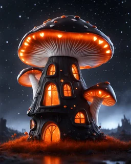 An illogically floating mushroom house on a clear night. white orange black, Stars Dark cosmic interstellar. Detailed Matte Painting, deep color, fantastical, intricate detail, splash screen, hyperdetailed, insane depth, concept art, 8k resolution, trending on Artstation, Unreal Engine 5, color depth, backlit, splash art, dramatic, High Quality Whimsical Fun Imaginative Bubbly, perfect composition