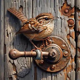 Small brown wren with intricate feathers perched on a weathered barn door, the door is cracked and rotting with a rusting handle, intricate woodgrain patterns with peeling paint, rusted bolts, deep textures, acrylic art, highly detailed
