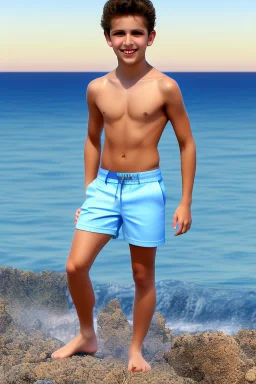 full body image of a beautiful 12 year old arabic boy with long, blonde curly hair and light blue eyes, smiling, shirtless, in front of an distant beach, 8k