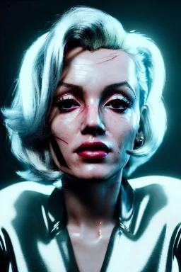 Ultra Realistic image, portrait, blonde woman, sweet Marylin Monroe face, perfect iris, glow eyes, glow makeup. Cyberpunk style, oversized transparent latex coat, yakuza tattoos body. fog, rain, soft color, highly detailed, unreal engine 5, ray tracing, RTX, lumen lighting, ultra detail, volumetric lighting, 3d, finely drawn, high definition, high resolution.