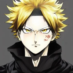 Detailed anime portrait of bakugo from my hero academia, gold hair and golden eyes, black suit, intricate details, full body portrait, keep head in frame, slight smile, black Japanese motif, concept art, highly detailed, digital painting, concept art, sharp focus, illustration, art by Yoji Shinkawa, WLOP and greg rutkowski and alphonse mucha and artgerm and yanjun Chen and Junji ito and Makoto Shinkai, HDR, octane render