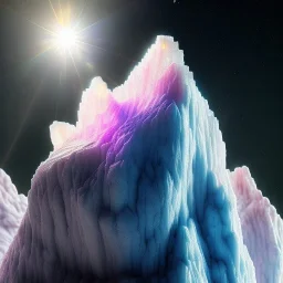 photograph of a (one massive colorful crystal:1.2) growing out of the crystal rocky mountain, (focus on crystal:1.2), 4k, 8k, (highly detailed), ((landscape)),(translucent crystal:1.1), light going trough the crystal, bokeh, chromatic aberration, mountain view,