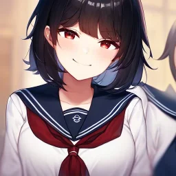 Clear focus,High resolution, black short fluffy hair, long fluffy bangs, and red eyes, Depressed girl, wearing a sailor uniform, Smug smile, half closed eyes, smile, Extreme close up,