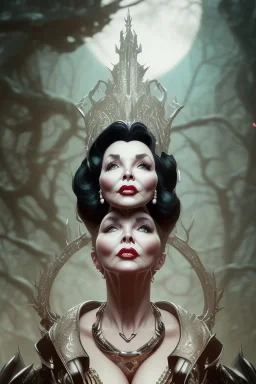 Joan Collins as evil queen in black leather, leather, busty, cleavage, angry, stern look. character design by cory loftis, fenghua zhong, ryohei hase, ismail inceoglu and ruan jia. unreal engine 5, artistic lighting, highly detailed, photorealistic, fantasy