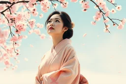 A Japanese woman in a soft peach and pale pink kimono decorated with cherry blossoms. She walks beneath drifting sakura petals, her gaze turned gently upward toward the bright spring sky. Her expression is peaceful yet full of longing. The breeze lifts her sleeve, and she continues walking slowly. The composition is rendered with painterly textures and soft light. Vintage Japanese scroll effect. --v 7 --style raw --ar 2:3 --q 2