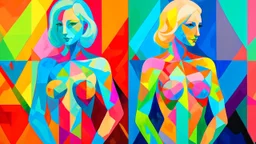 Abstract painting featuring two full-length women, each with multiple facial features, against a background of bold, geometric color blocks. The woman on the left has blonde hair and peachy skin, with her body colored in vibrant shades of pink and green. The woman on the right has blue skin and an orange body, with darker blue hair. The color palette includes yellow, blue, pink, green, orange, purple, and white, in varying intensities, creating a visually striking contrast. The painting employs