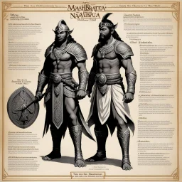 character concept sheet with AD&D statistics and characteristics, [high res photo by Ray Harryhausen for Mahābhārata module B3] a character of Pāṇḍavas class of King: Nakula — Son of the Aśvins (Twin Gods of Healing and Beauty) Epithets: Ashvineya, Madreya (son of Madri) Qualities: Known for beauty, grace, and skill in horse-keeping. Embodies refinement, modesty, and loyalty. Also skilled in swordsmanship. Symbolic trait: The ideal of harmony and aesthetic balance. Weapon: Sword. Special gift: I