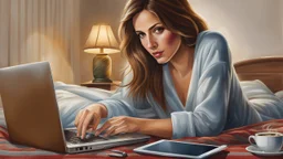 realistic photo about a woman hiding under the bed and working on a laptop, she has half-length brown hair and wearing pajamas , pale light, half socks and a mug of coffee next to her, high detalied, sharp focus, high realistic photo, perfect shot